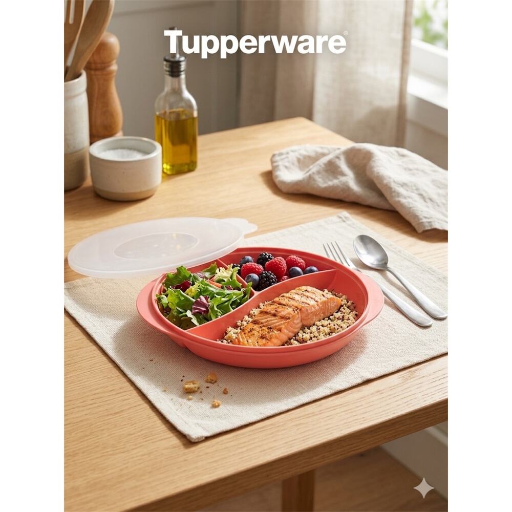 Tupperware Reheatable Divided Lunch Plate with Lid - Coral